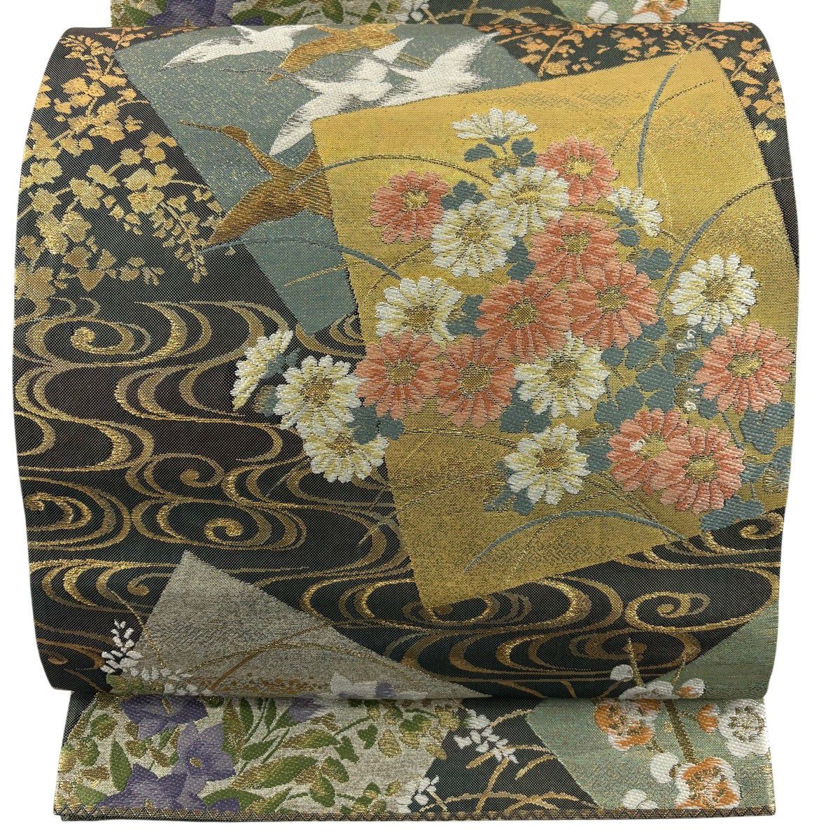 【美品】 袋帶 秀品級 色紙 菊花 金金箔 金銀彩 深綠 六通 純蠶絲