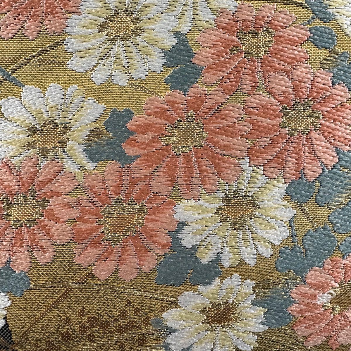 【美品】 袋帶 秀品級 色紙 菊花 金金箔 金銀彩 深綠 六通 純蠶絲