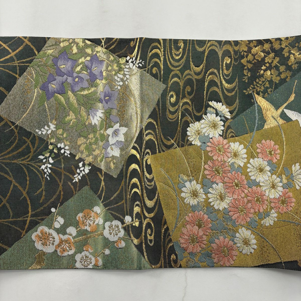 【美品】 袋帶 秀品級 色紙 菊花 金金箔 金銀彩 深綠 六通 純蠶絲