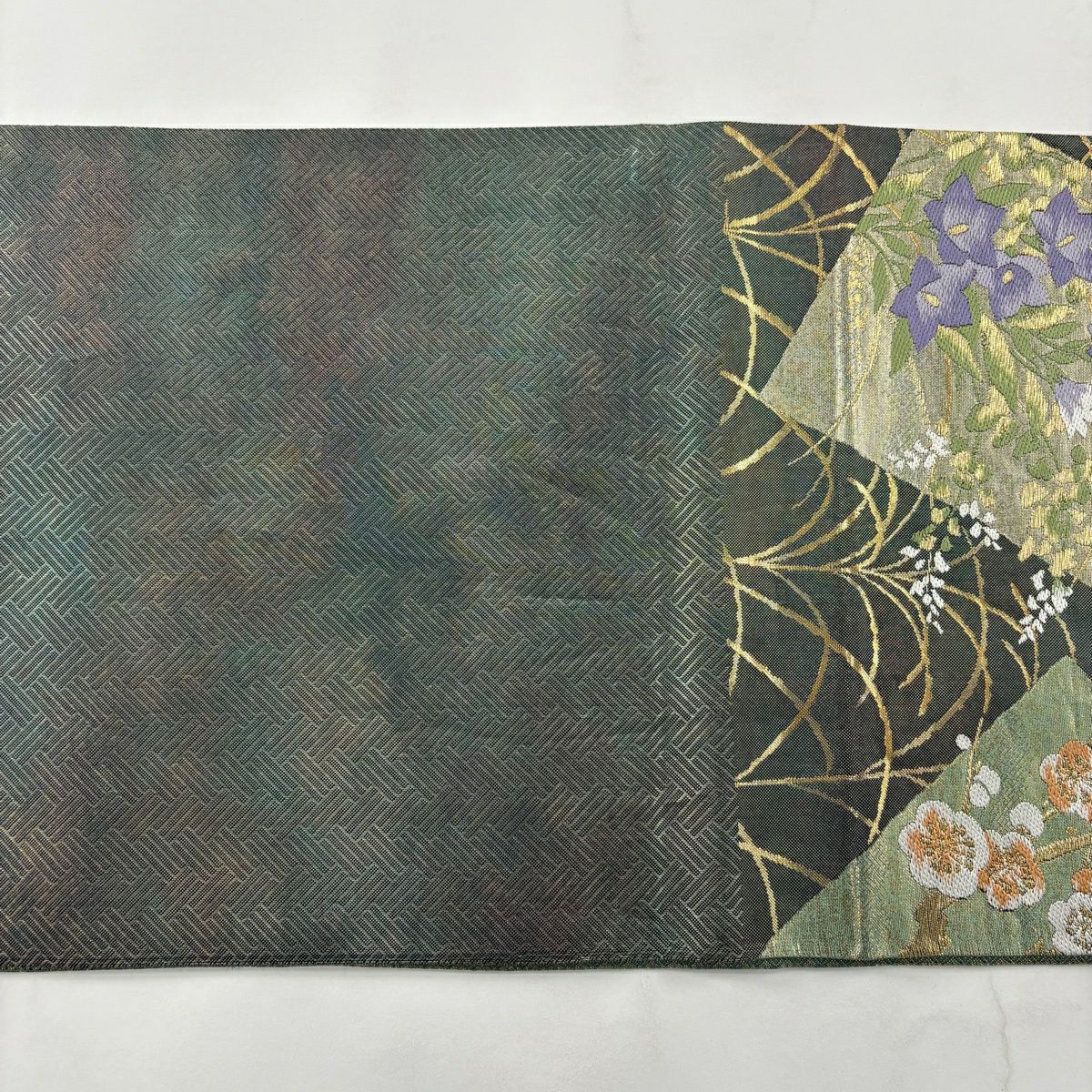 【美品】 袋帶 秀品級 色紙 菊花 金金箔 金銀彩 深綠 六通 純蠶絲