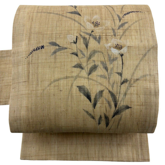 【美品】 名古屋帶 秀品級 夏帶 草花紋 薄茶 純麻