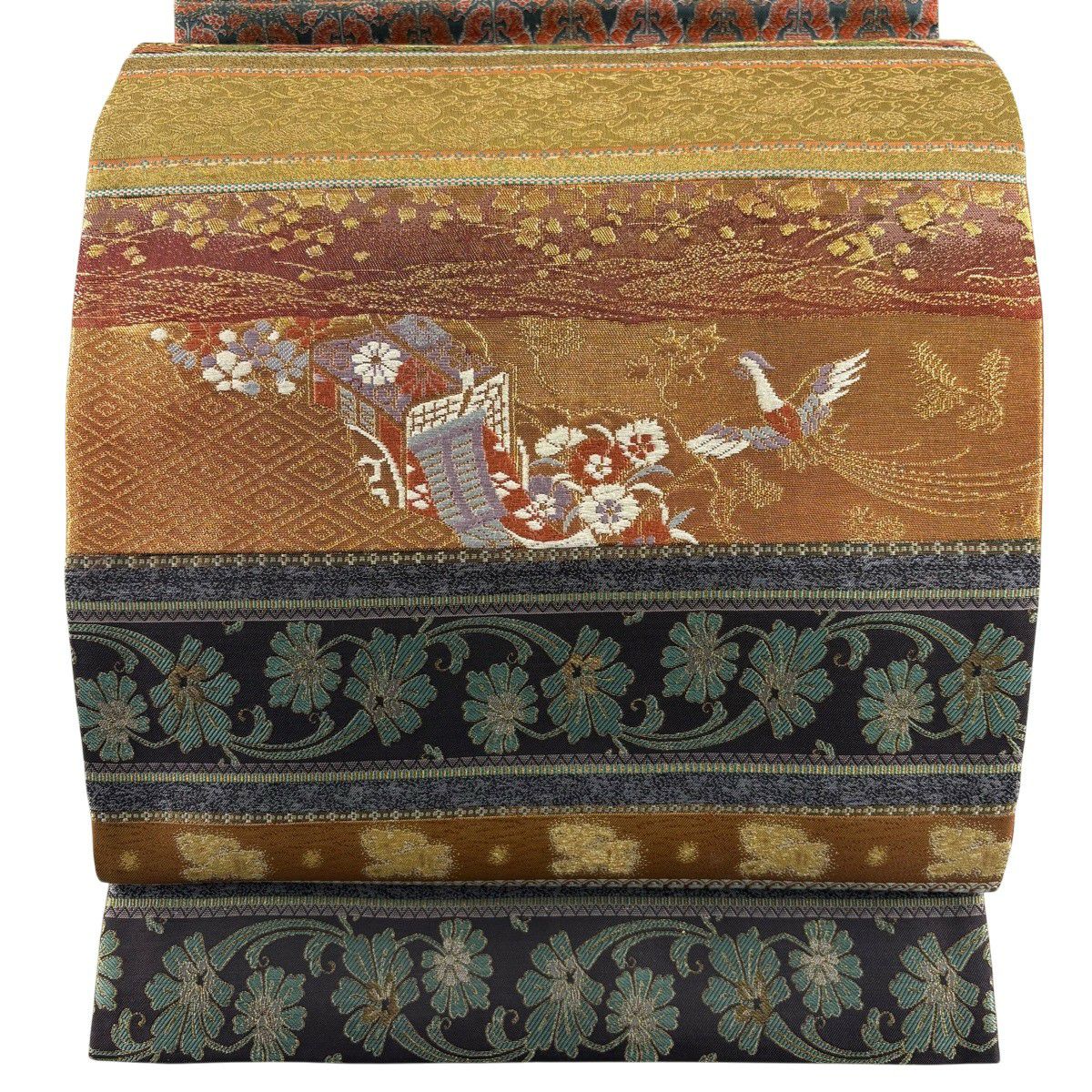 【美品】 袋帶 秀品級 御所車 鳥 金金箔 金絲 茶 お太鼓圖案 純蠶絲