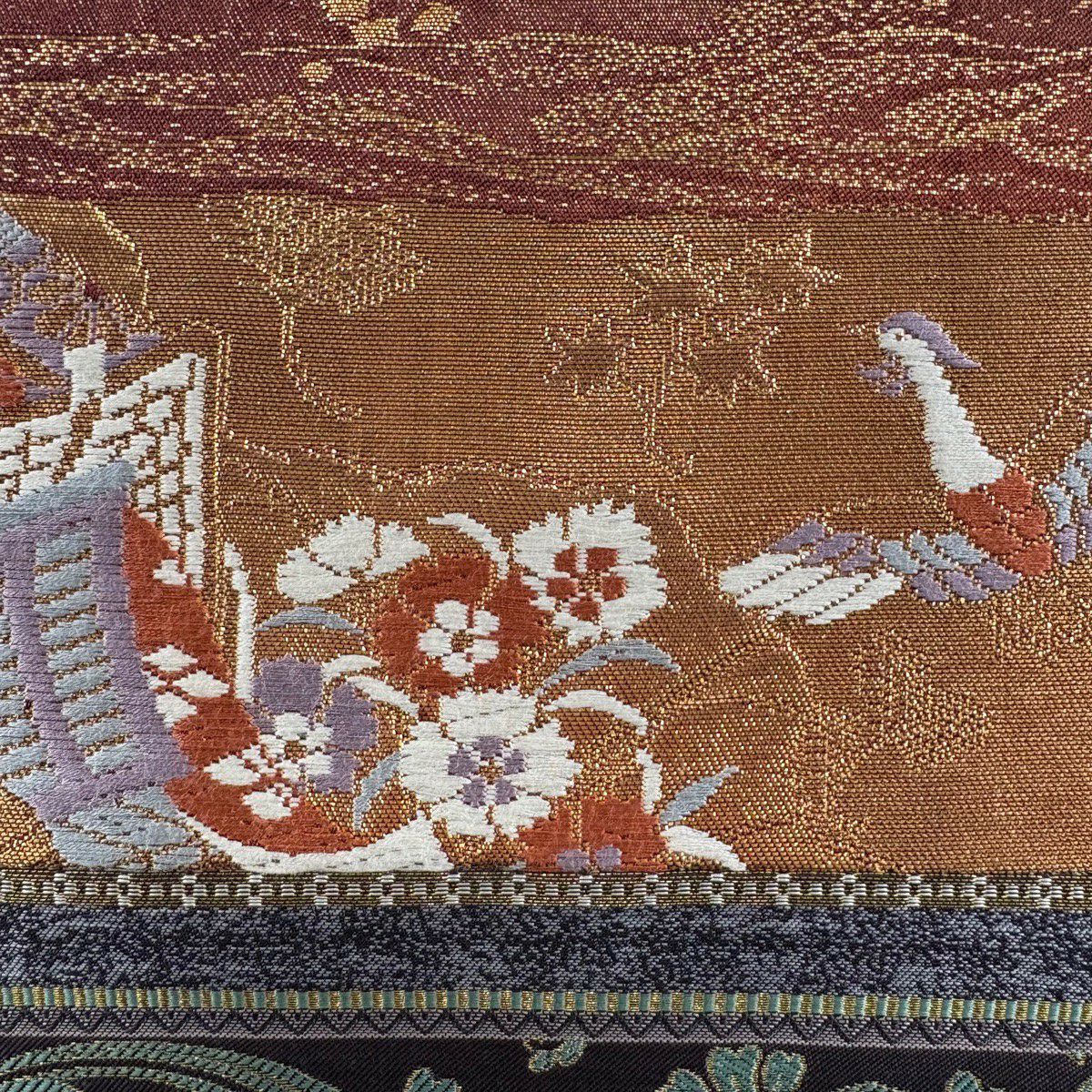 【美品】 袋帶 秀品級 御所車 鳥 金金箔 金絲 茶 お太鼓圖案 純蠶絲