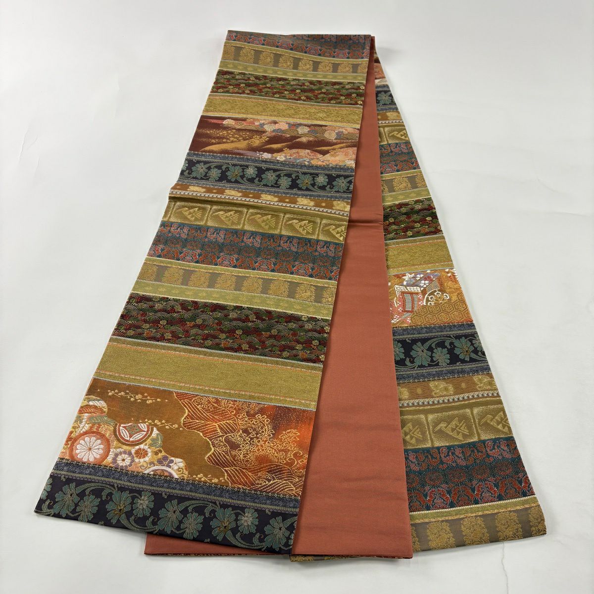 【美品】 袋帶 秀品級 御所車 鳥 金金箔 金絲 茶 お太鼓圖案 純蠶絲
