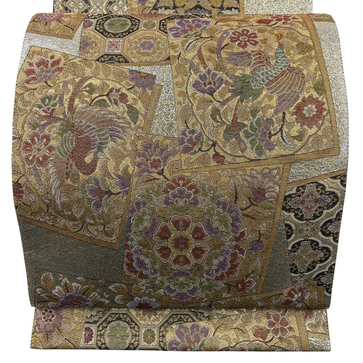 【美品】 袋帶 秀品級 華紋 花鳥 金銀線 金金箔 金色 六通 純蠶絲
