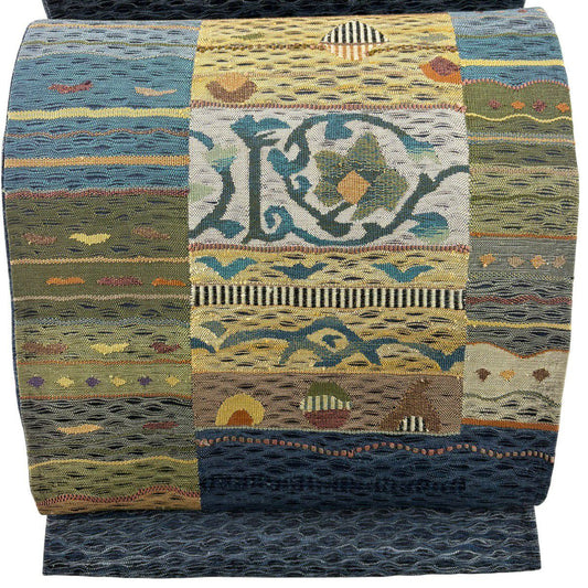 袋帶 秀品級 夏帶 花唐草紋 幾何學 金絲 深藍色 大鼓圖案 純蠶絲