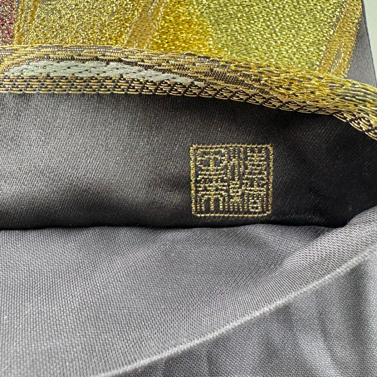 【美品】 袋帶 秀品級 花 金銀絲 金金箔 灰紫 六通 純蠶絲
