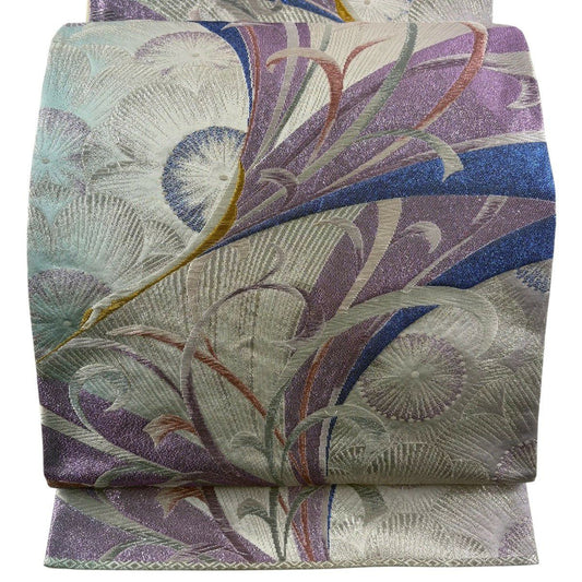 袋帶 秀品級 振袖禮服禮服用 關西仕立 花 唐草紋 金銀彩 金金箔 淺紫 六通 純蠶絲