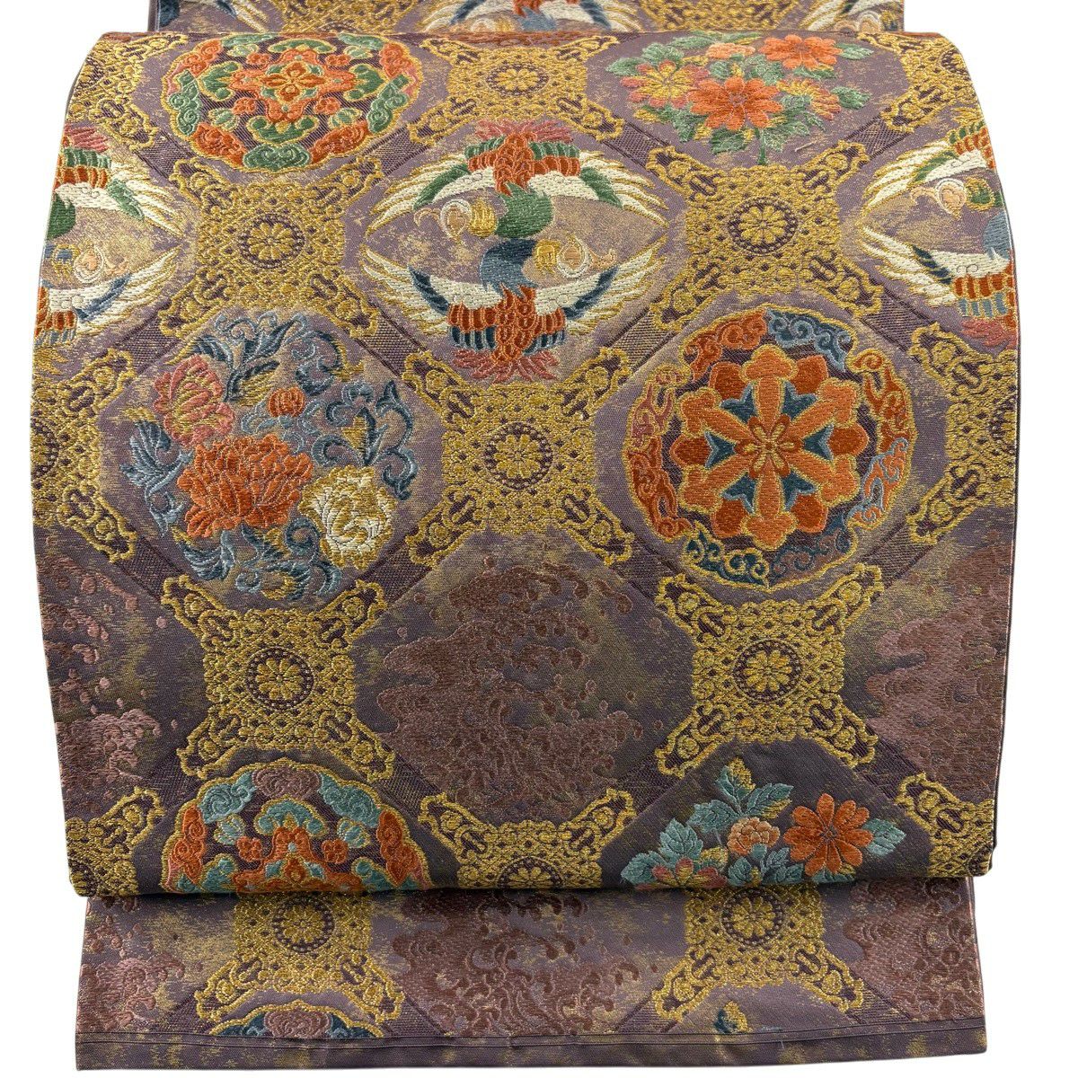 【美品】 袋帶 秀品級 向鳥 華紋 金絲 金金箔 紫 六通 純蠶絲