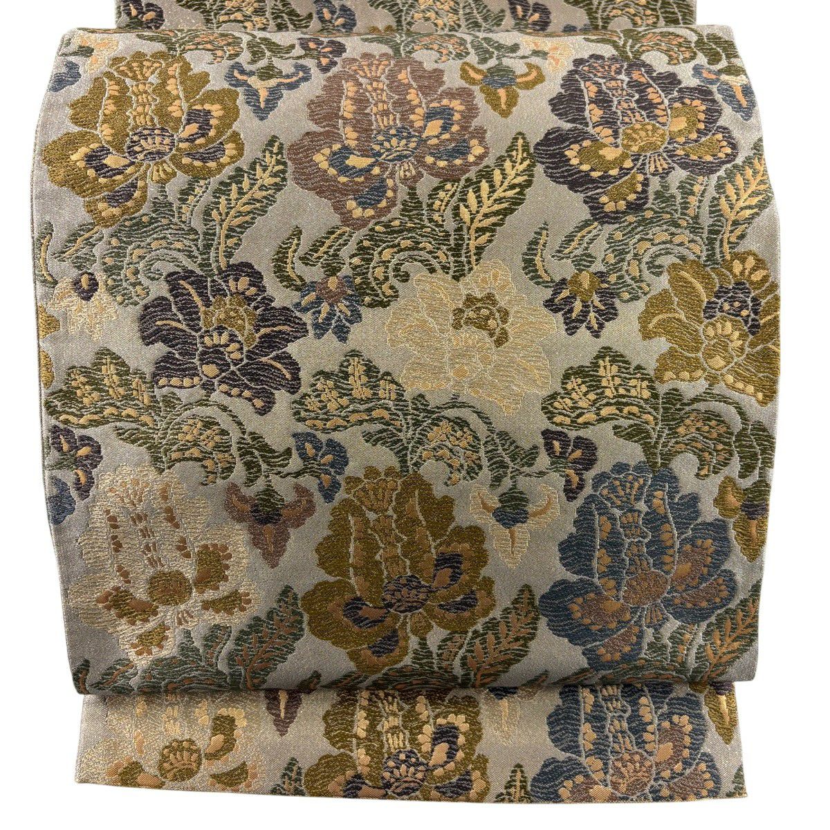 【美品】 袋帶 秀品級 草花紋 金糸 金金箔 薄茶 六通 純蠶絲