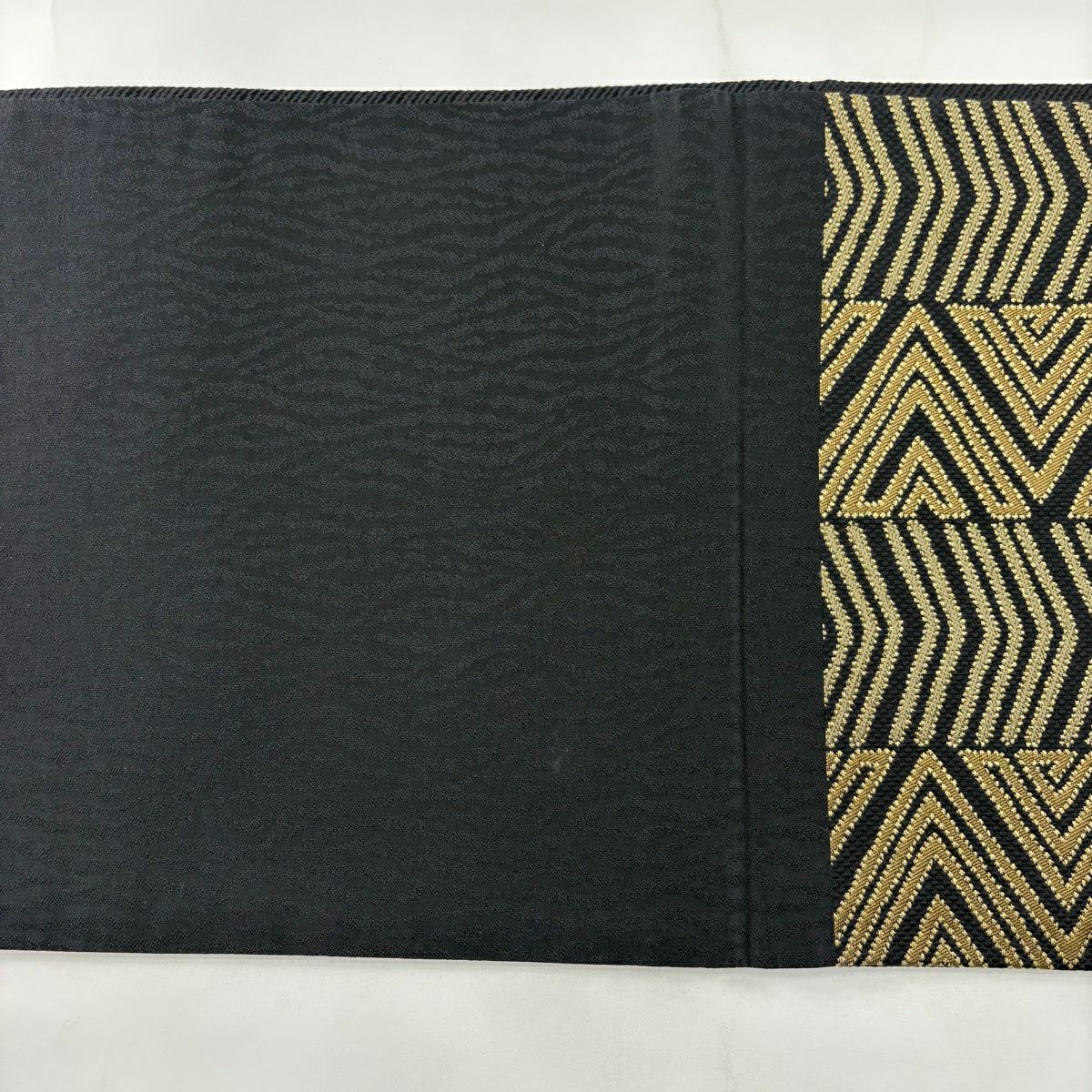 【美品】 袋帶 秀品級 幾何學 金絲 茶綠 六通 純蠶絲
