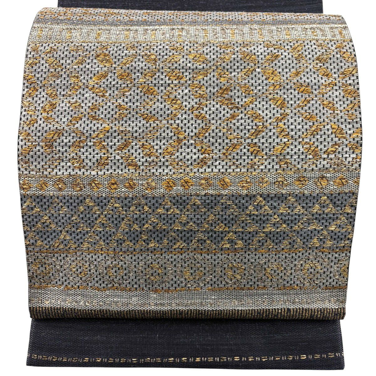 【美品】 袋帶 秀品級 鱗 七寶 金金箔 黑灰 お太鼓圖案 純蠶絲