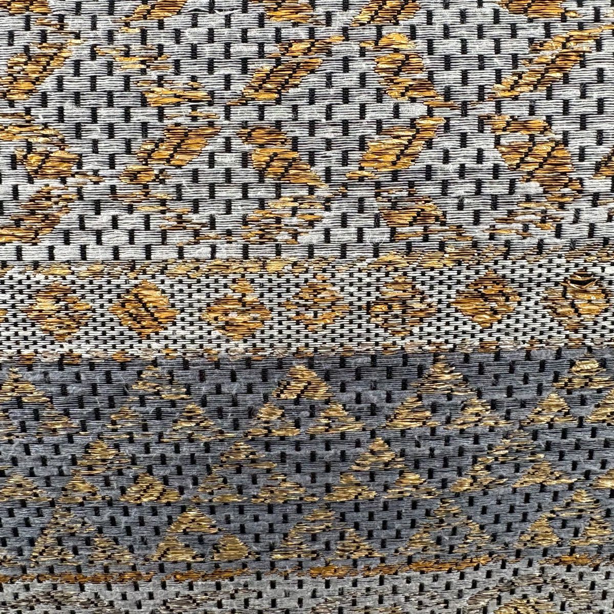 【美品】 袋帶 秀品級 鱗 七寶 金金箔 黑灰 お太鼓圖案 純蠶絲