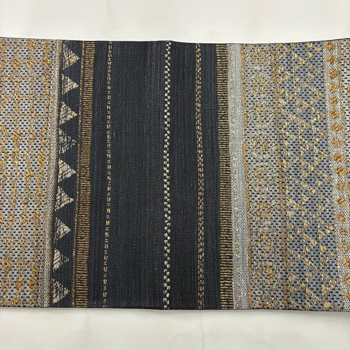 【美品】 袋帶 秀品級 鱗 七寶 金金箔 黑灰 お太鼓圖案 純蠶絲