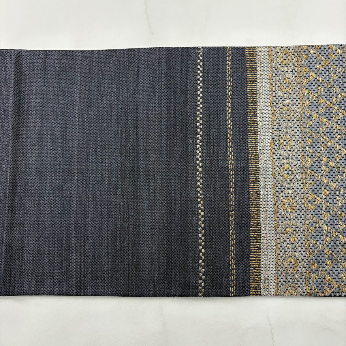 【美品】 袋帶 秀品級 鱗 七寶 金金箔 黑灰 お太鼓圖案 純蠶絲