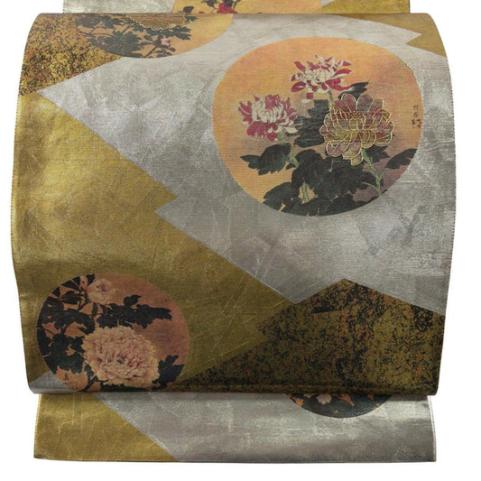 袋帶 秀品級 松樹皮菱 草花紋紋 金金箔 金色 六通 純蠶絲