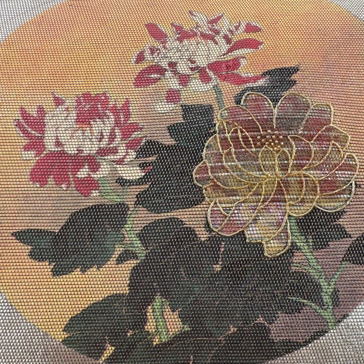 袋帶 秀品級 松樹皮菱 草花紋紋 金金箔 金色 六通 純蠶絲
