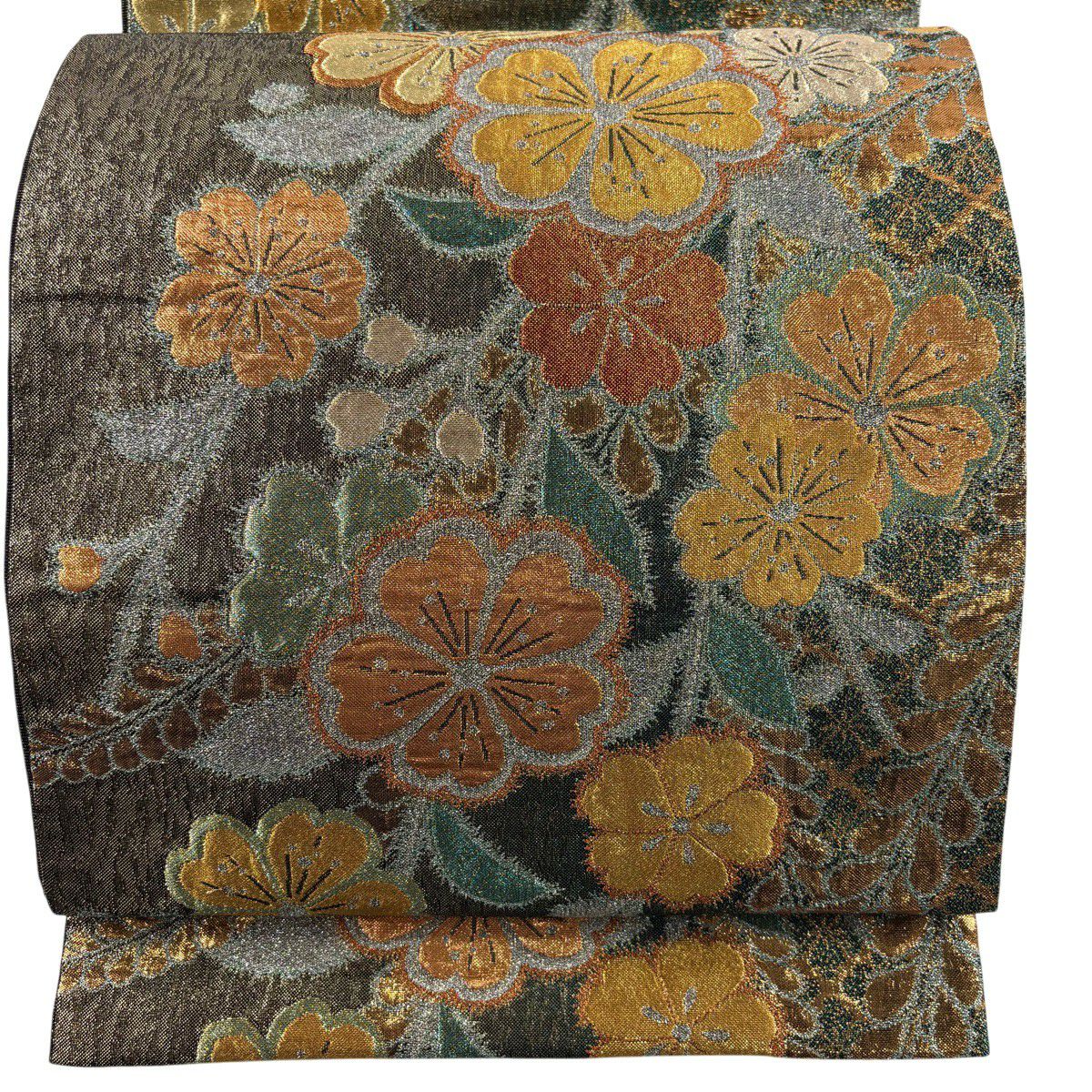 【美品】 袋帶 秀品級 櫻花 草花紋 金銀線 金金箔 金色 六通 純蠶絲