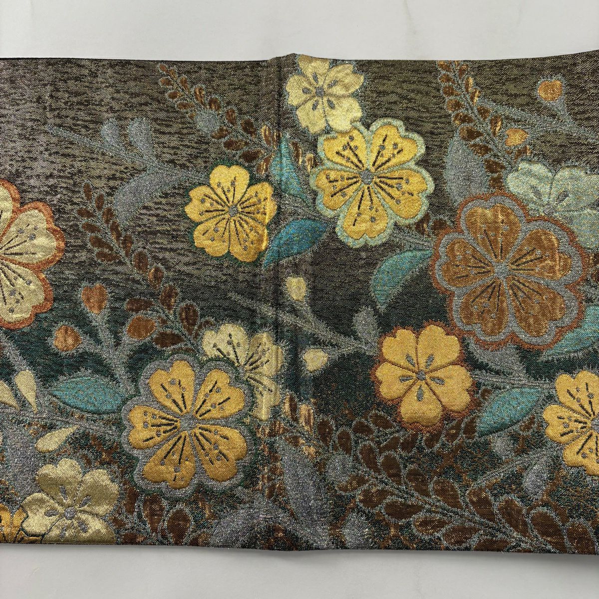 【美品】 袋帶 秀品級 櫻花 草花紋 金銀線 金金箔 金色 六通 純蠶絲