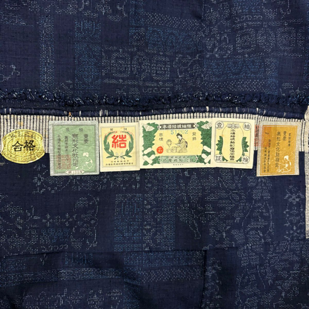 【美品】結城紬織 身長167cm 袖長68cm L 雙層 本場結城紬織 100龜甲 證書附帶 草花紋紋 龜甲絣 深藍 純蠶絲 逸品級