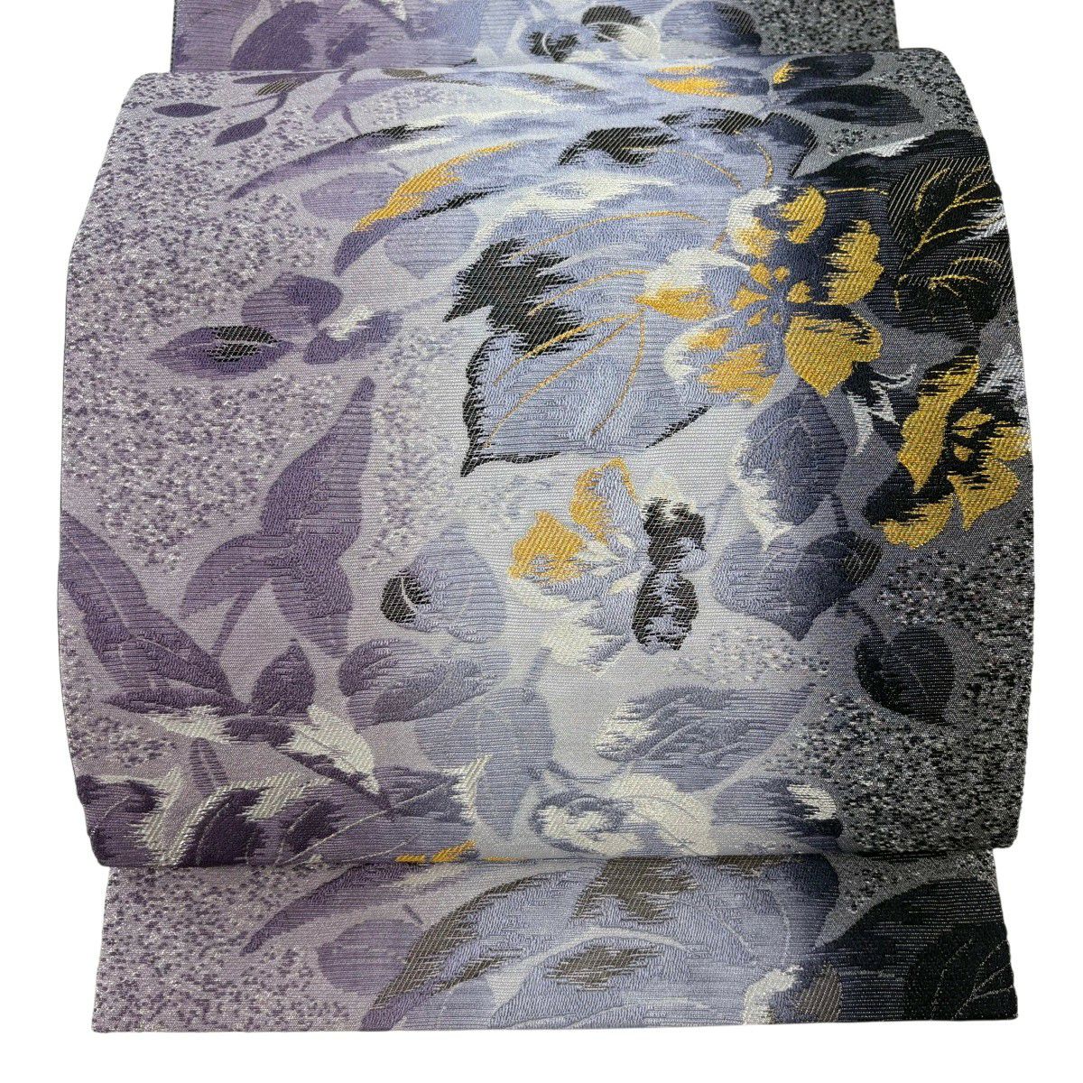 【美品】 袋帶 名品級 草花紋 金銀彩 拉麵絲 紫色 大鼓圖案 純蠶絲