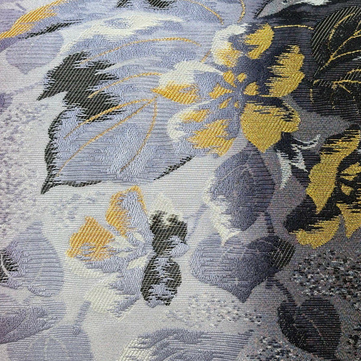 【美品】 袋帶 名品級 草花紋 金銀彩 拉麵絲 紫色 大鼓圖案 純蠶絲