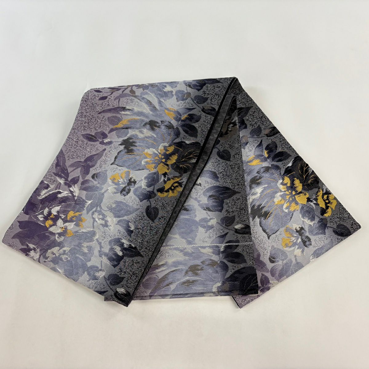 【美品】 袋帶 名品級 草花紋 金銀彩 拉麵絲 紫色 大鼓圖案 純蠶絲