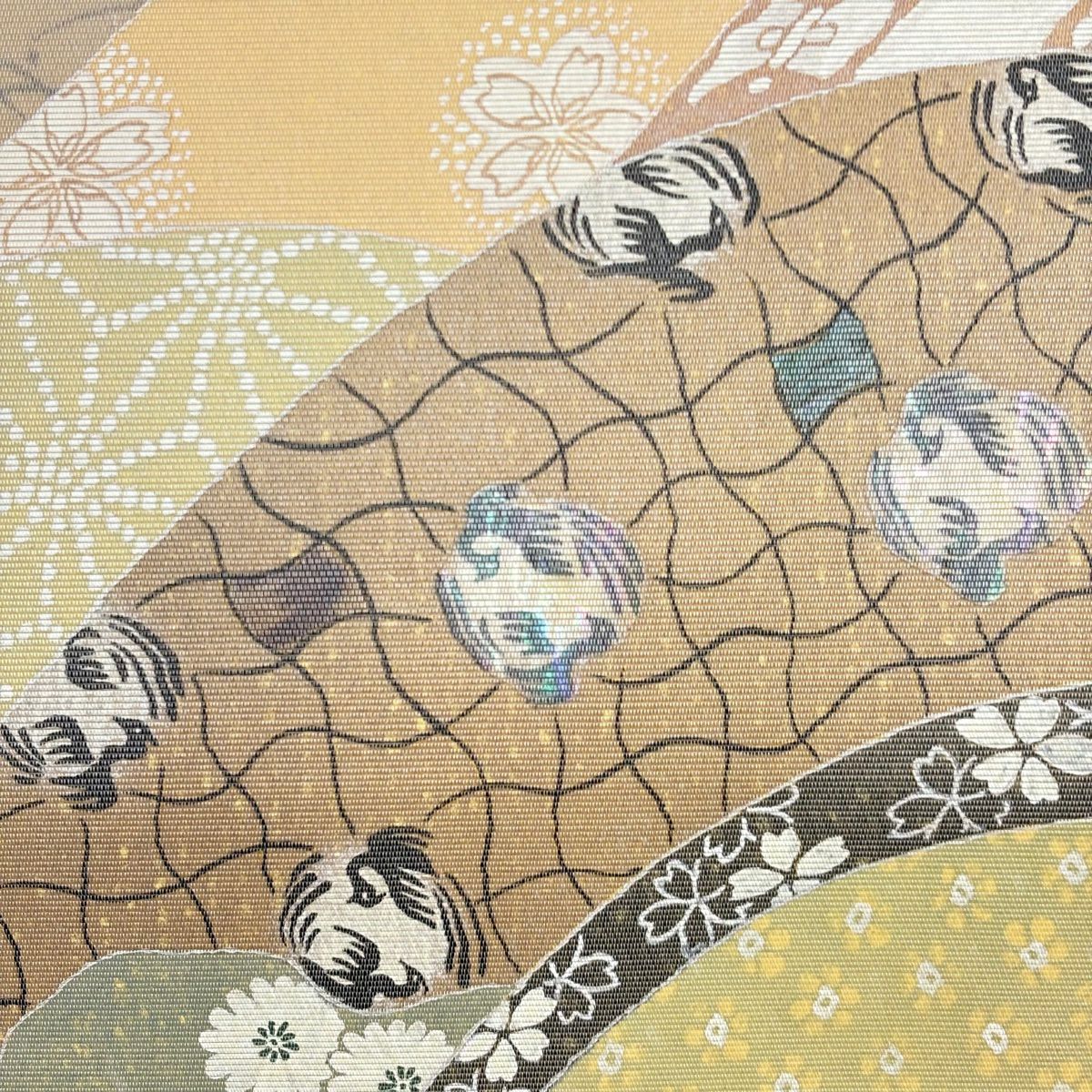 【美品】 袋帶 名品級 大和 櫻 花 龍膽金金箔 金金箔 米色 大鼓圖案 純蠶絲