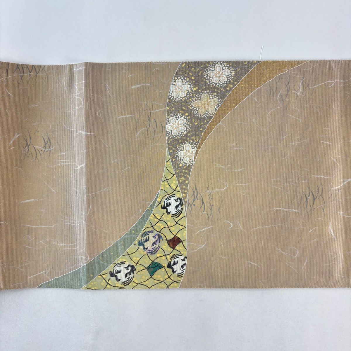 【美品】 袋帶 名品級 大和 櫻 花 龍膽金金箔 金金箔 米色 大鼓圖案 純蠶絲