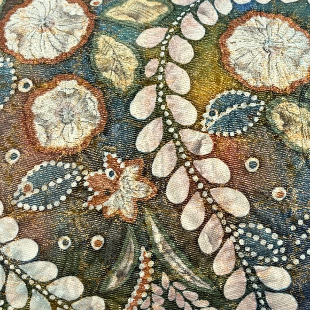 【美品】 袋帶 名品級 落款あり 辻花染 變格子 金絲 金金箔 青紫 お太鼓柄 純蠶絲