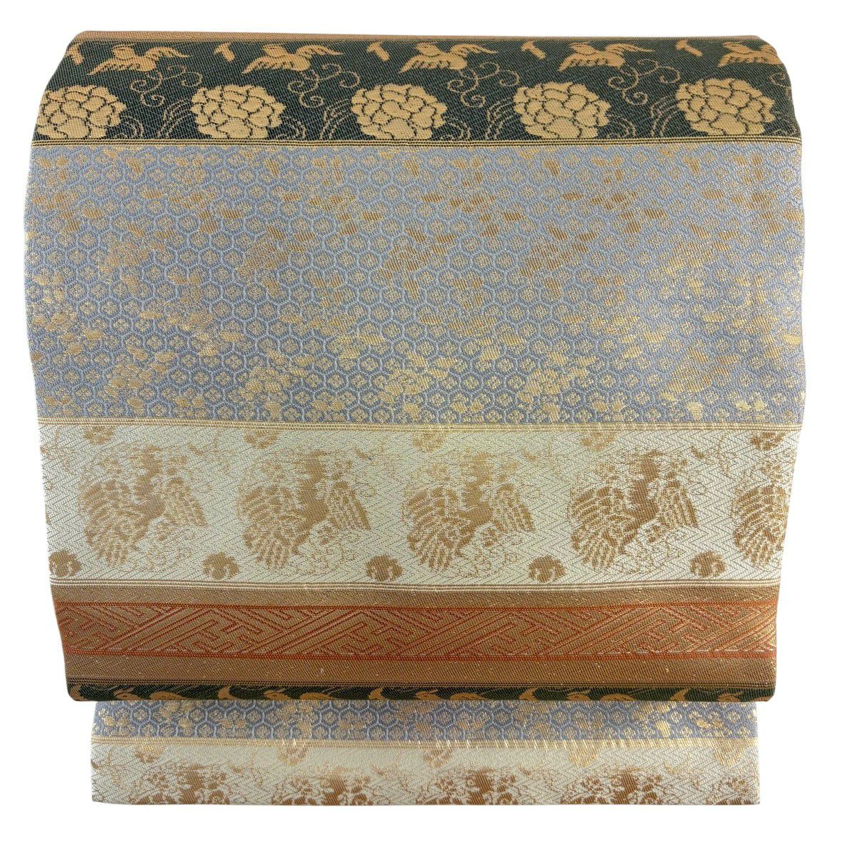 【美品】名古屋帶 名品級 鳥 段紋樣 金金箔 灰色 純蠶絲