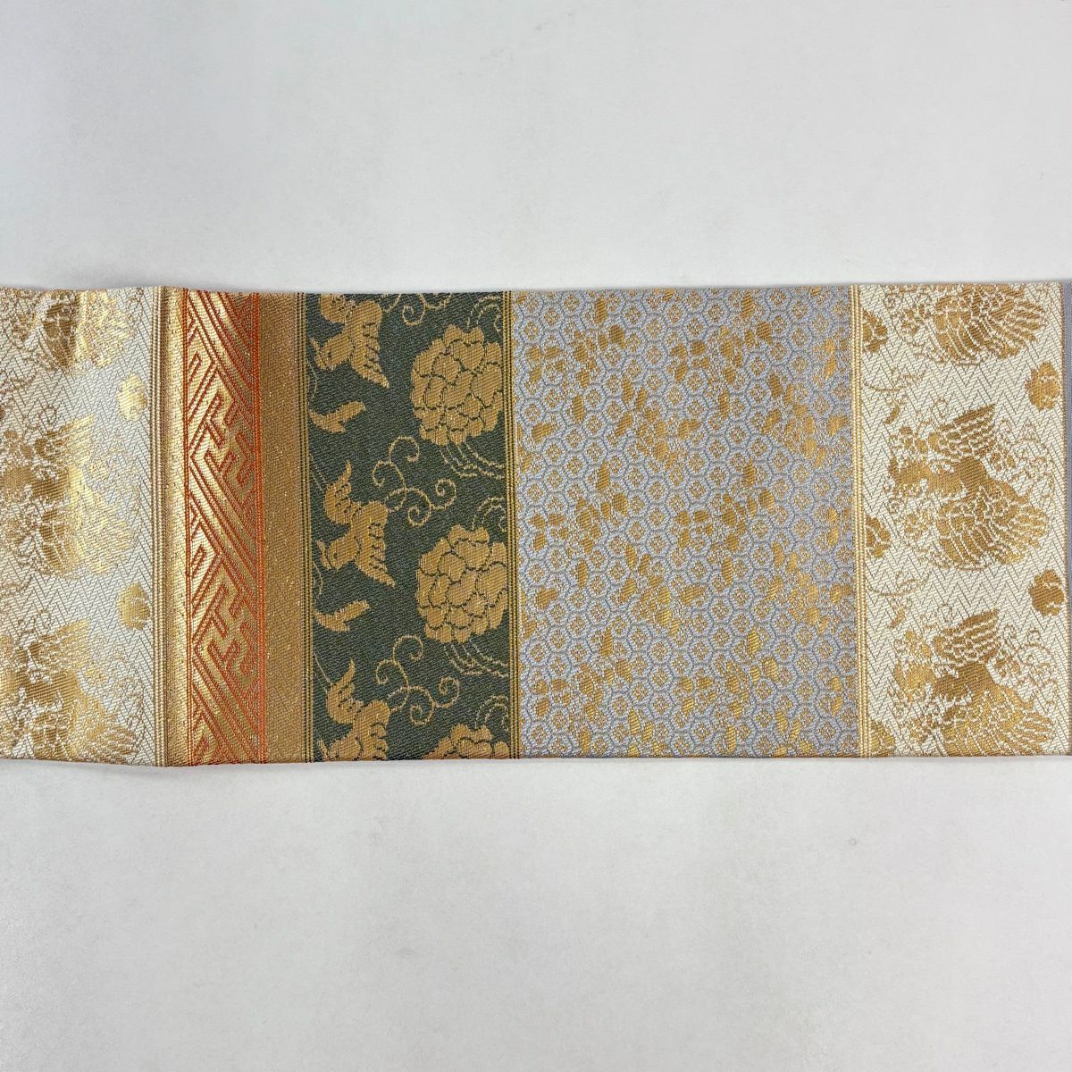 【美品】名古屋帶 名品級 鳥 段紋樣 金金箔 灰色 純蠶絲