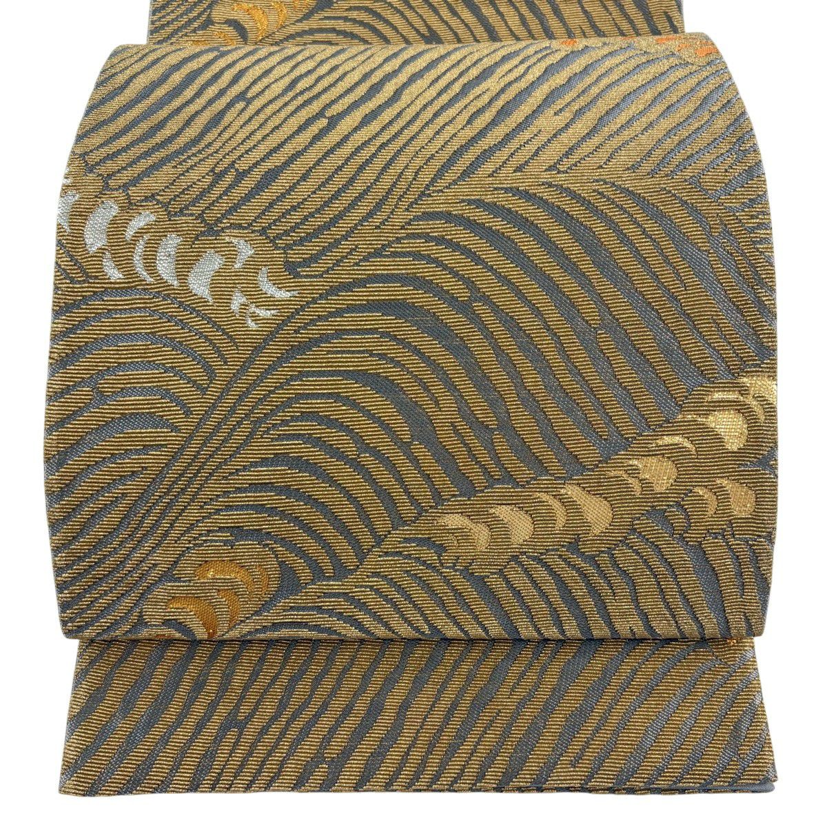 【美品】 袋帶 名品級 花井幸子 落款あり 金華山織 波頭 金絲 金金箔 灰色 六通 純蠶絲