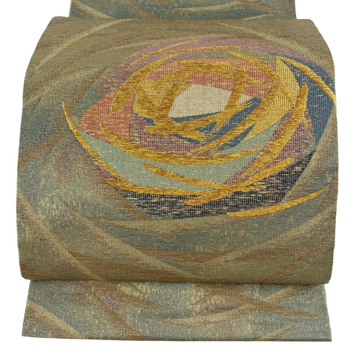 【美品】 袋帶 名品級 花 金絲 金金箔 鶯色 六通 純蠶絲