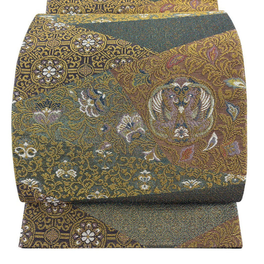 【美品】 袋帶 名品級 向鳥 花唐草紋 輪奈織 金絲 綠 六通 純蠶絲