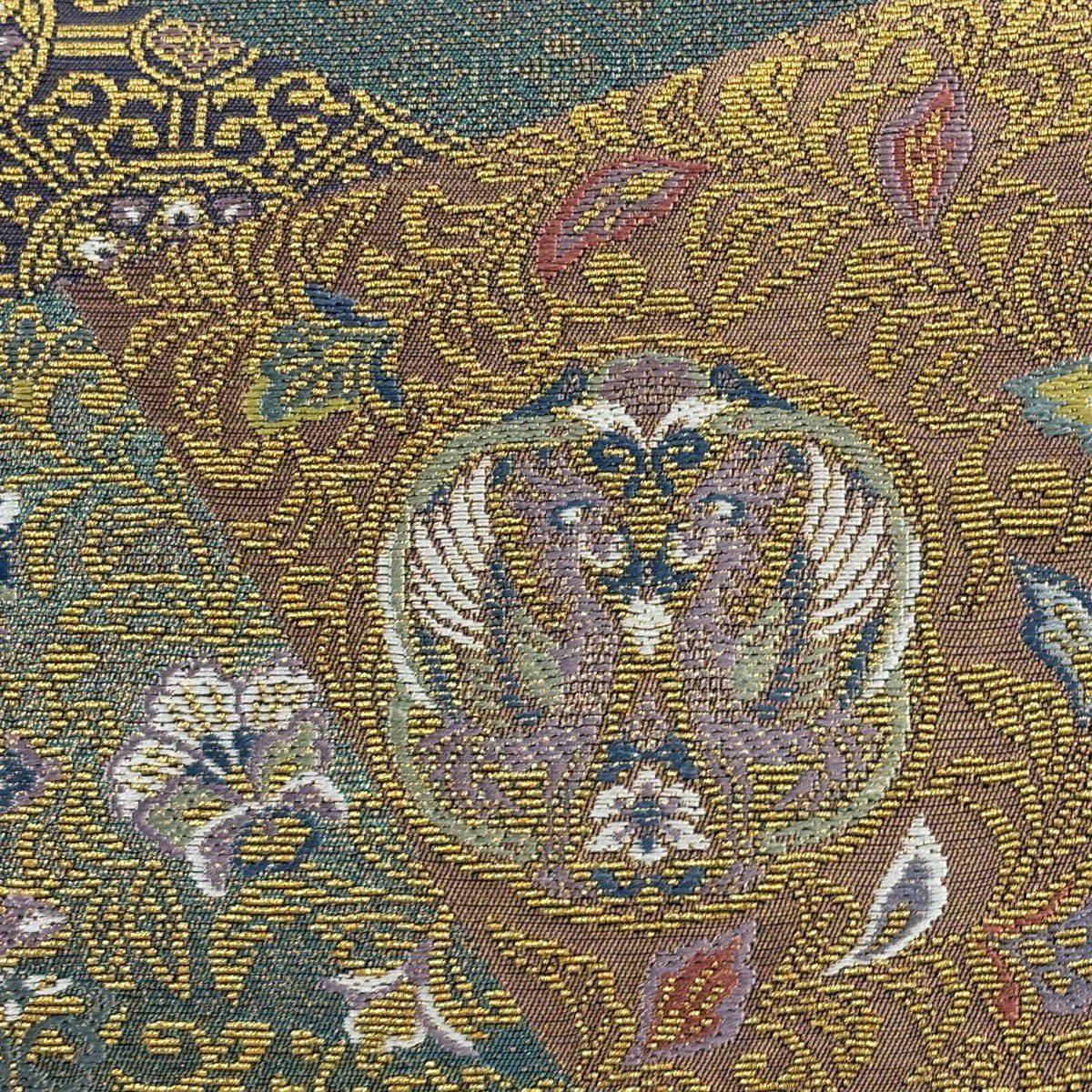 【美品】 袋帶 名品級 向鳥 花唐草紋 輪奈織 金絲 綠 六通 純蠶絲