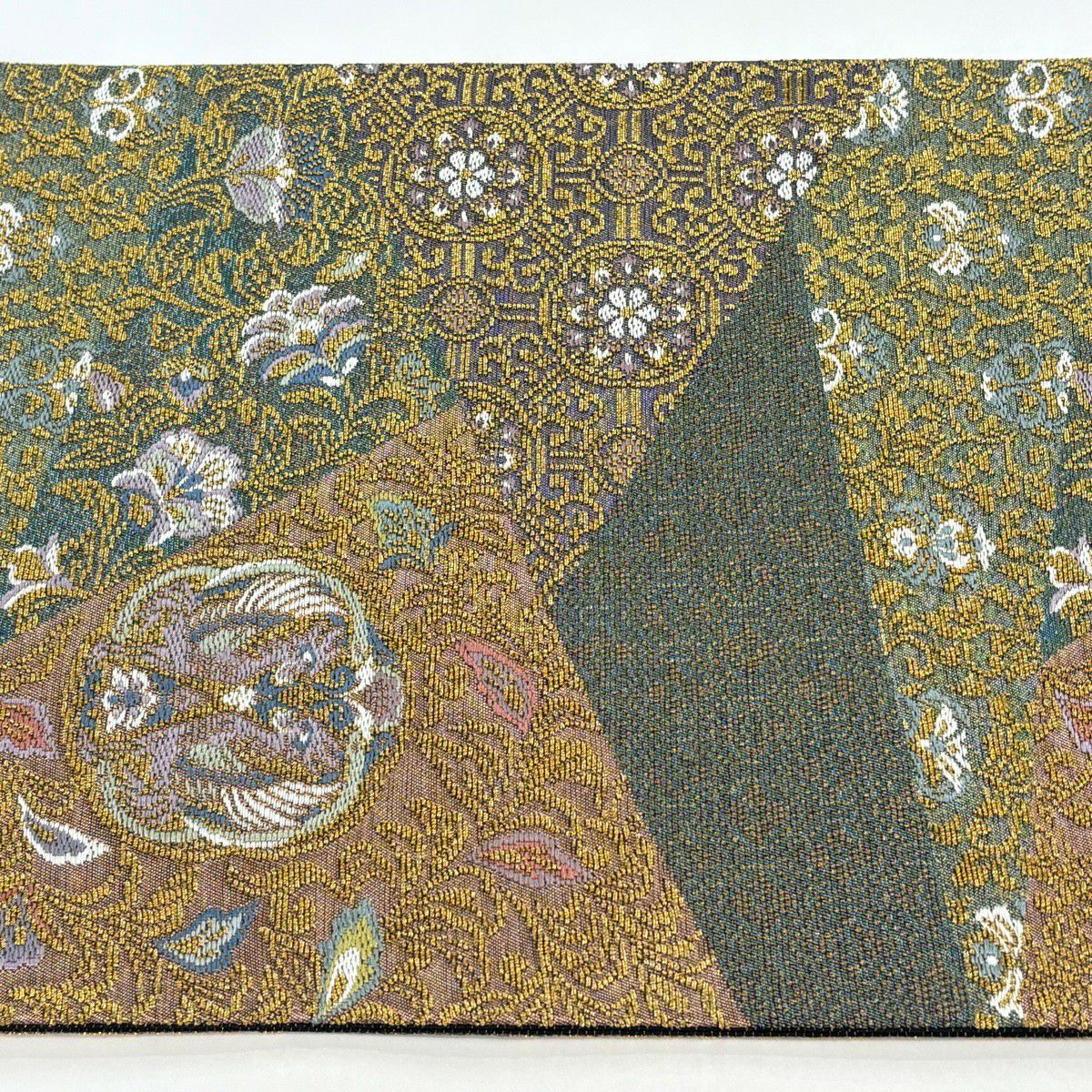【美品】 袋帶 名品級 向鳥 花唐草紋 輪奈織 金絲 綠 六通 純蠶絲