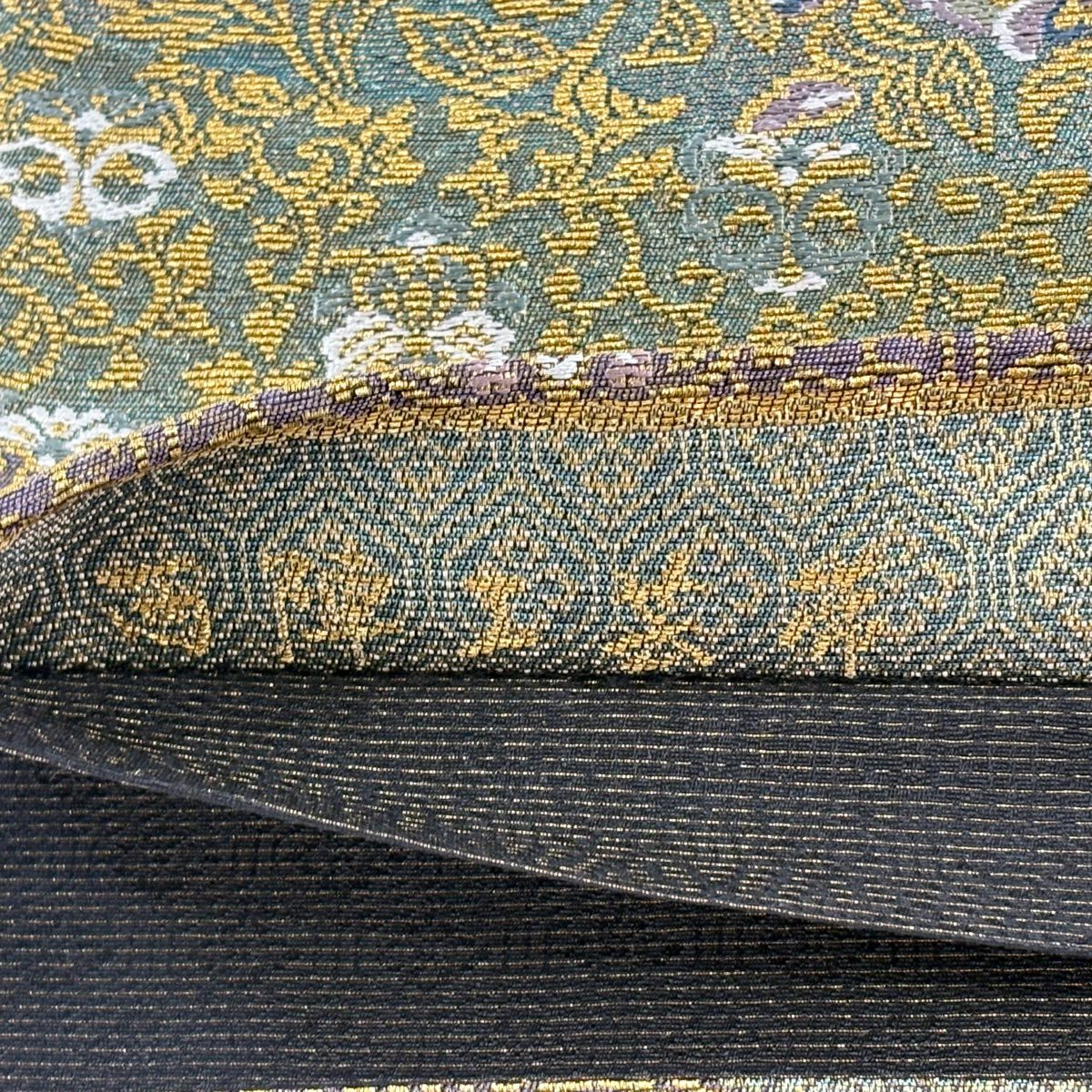 【美品】 袋帶 名品級 向鳥 花唐草紋 輪奈織 金絲 綠 六通 純蠶絲