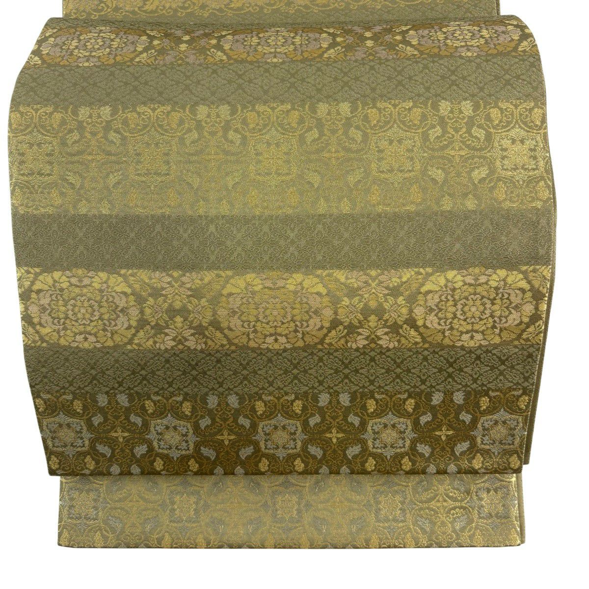 【美品】 袋帶 名品級 金金箔屋清兵衛 落款あり 正倉院明日香間道 金金箔 草木染 鶯 深藍色 お太鼓柄 純蠶絲