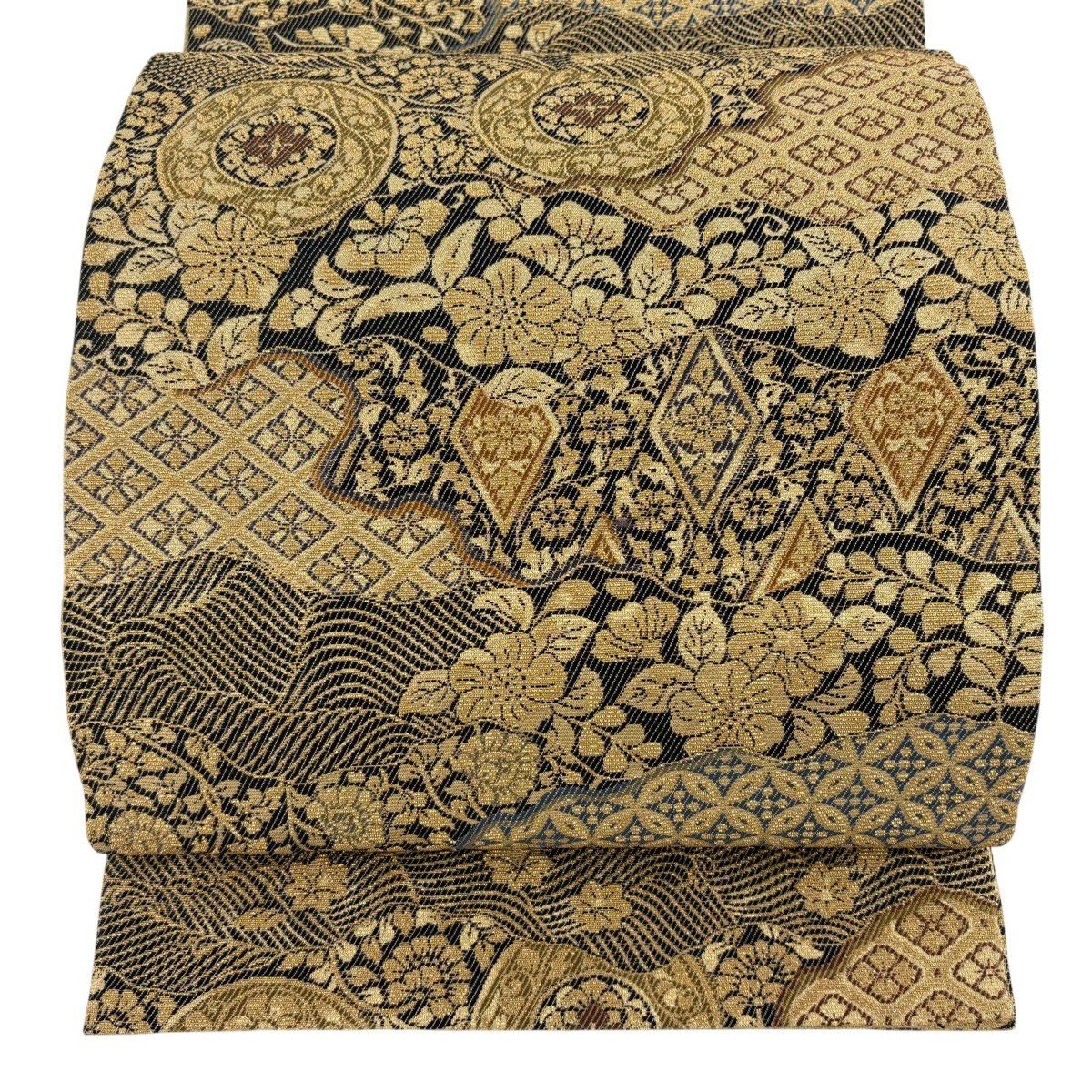 【美品】 袋帶 名品級 花唐草紋 有職紋樣 輪奈織 金絲 金色 六通 純蠶絲