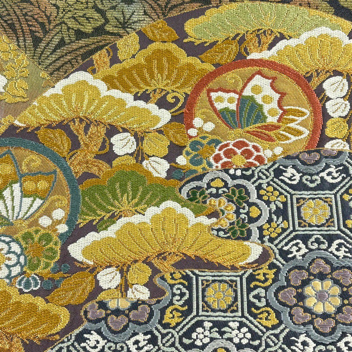 袋帶 名品級 鎌倉文 蜀江華紋 金絲 金金箔 茶紫 大鼓圖案 純蠶絲