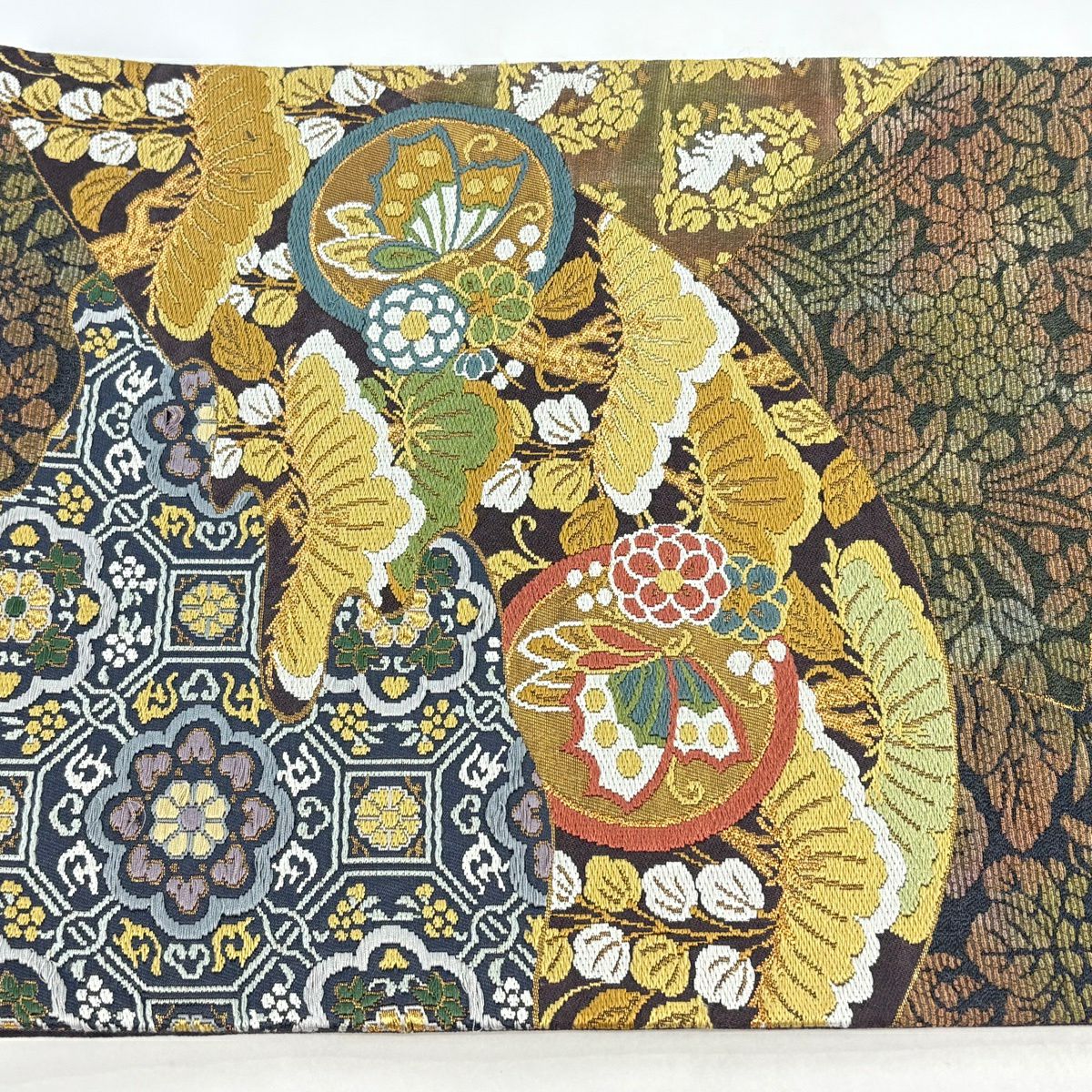 袋帶 名品級 鎌倉文 蜀江華紋 金絲 金金箔 茶紫 大鼓圖案 純蠶絲