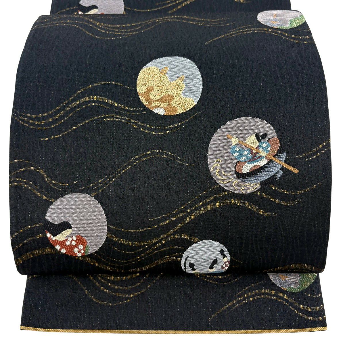 【美品】 袋帶 名品級 一寸法師 霞 金金箔 黑 六通 純蠶絲