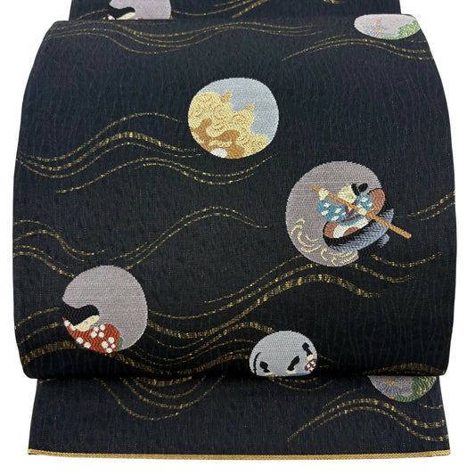 【美品】 袋帶 名品級 一寸法師 霞 金金箔 黑 六通 純蠶絲