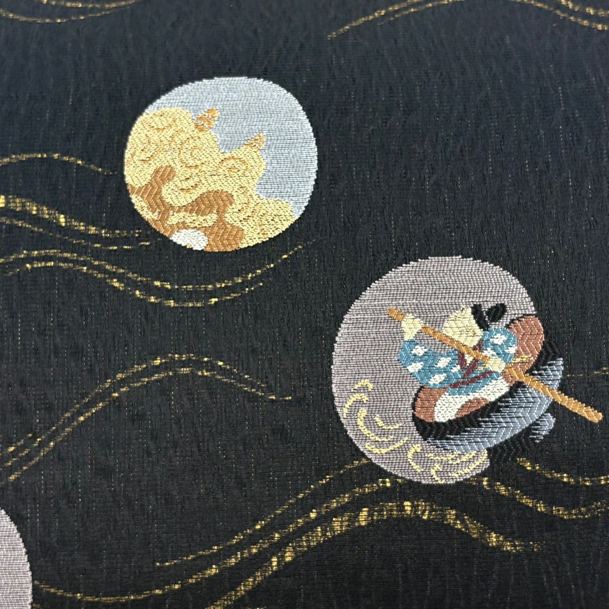 【美品】 袋帶 名品級 一寸法師 霞 金金箔 黑 六通 純蠶絲