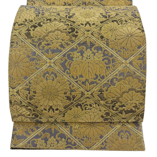 【美品】 袋帶 名品級 斜格子 菊花唐草紋 輪奈織 金絲 金 全通 純蠶絲