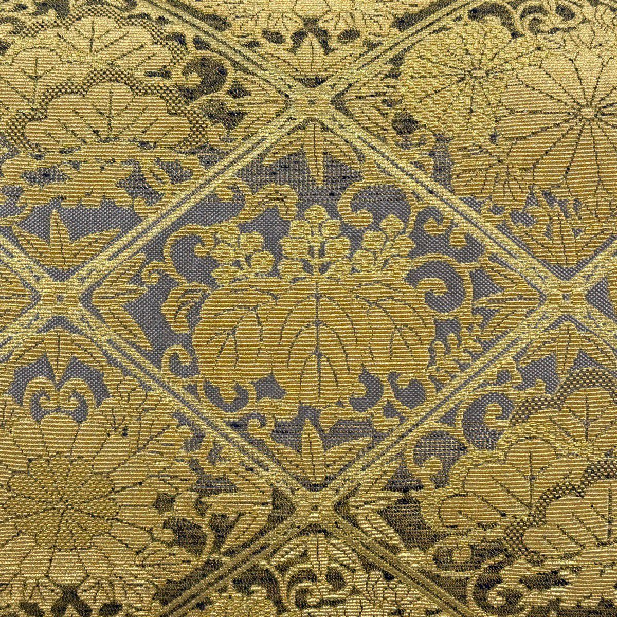 【美品】 袋帶 名品級 斜格子 菊花唐草紋 輪奈織 金絲 金 全通 純蠶絲