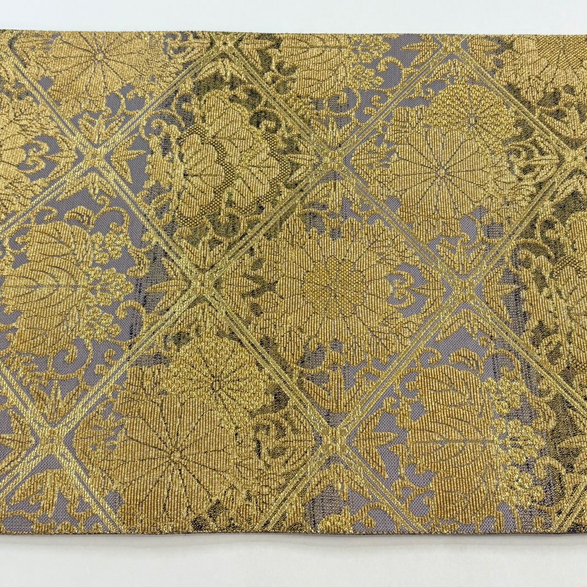 【美品】 袋帶 名品級 斜格子 菊花唐草紋 輪奈織 金絲 金 全通 純蠶絲