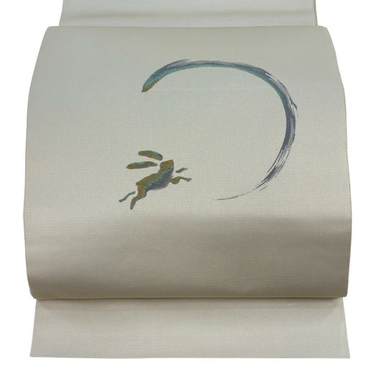 【美品】 袋帶 名品級 兔子 月 金絲 米色 大鼓圖案 純蠶絲