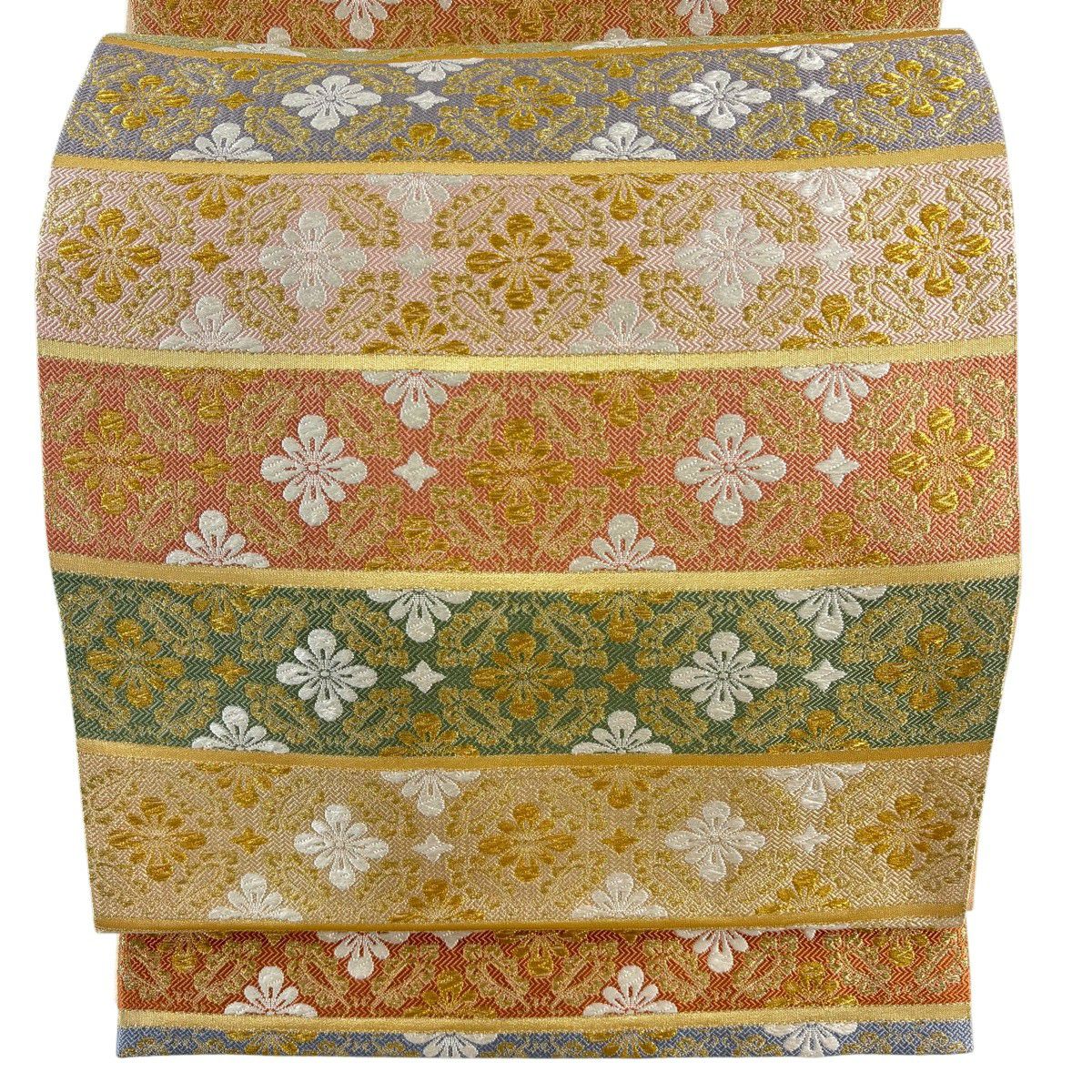 【美品】 袋帶 名品級 橫段 花 金金箔 金絲 米色 六通 純蠶絲